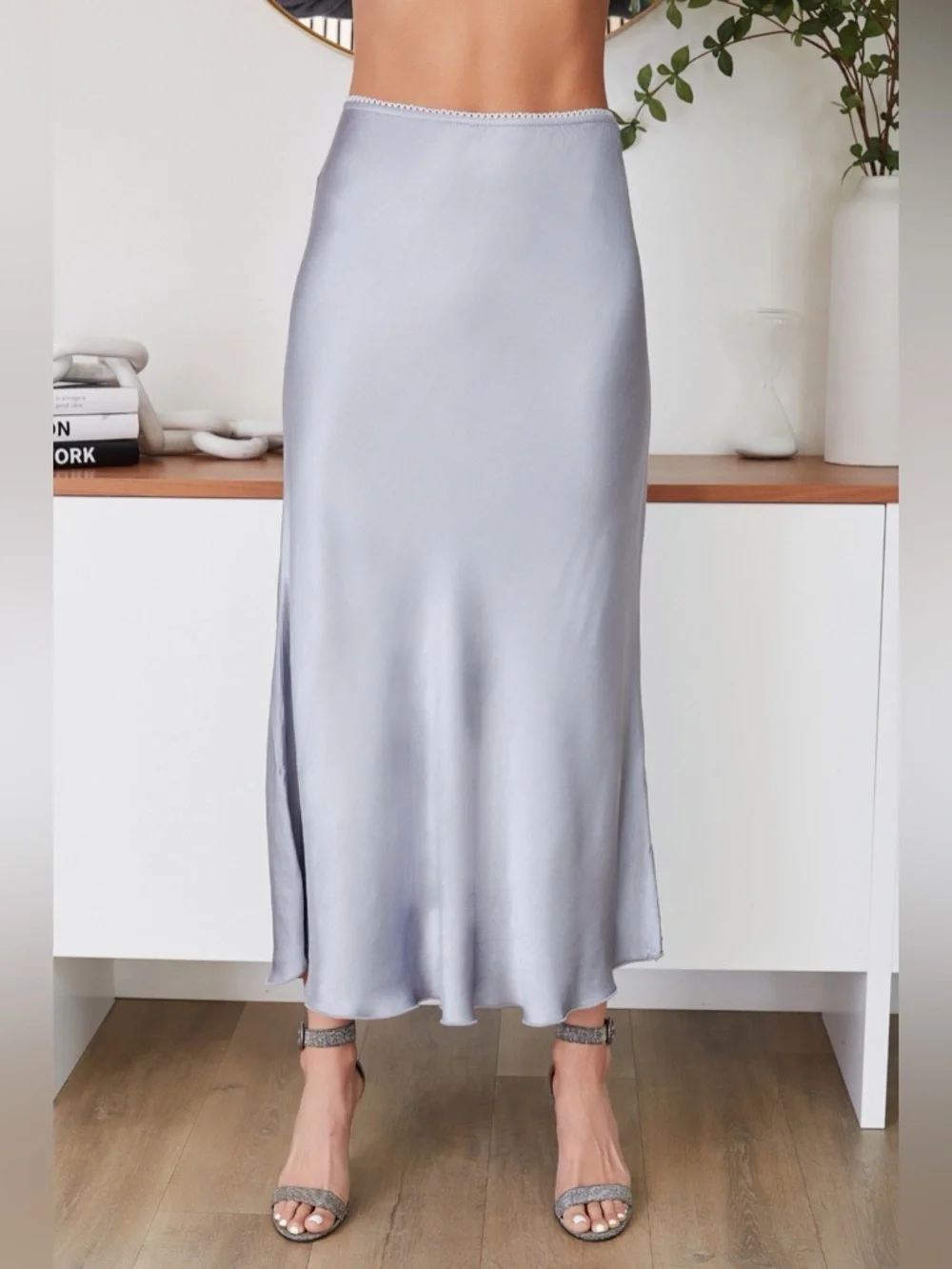 (9298/235110-SLVR) SOLID ELASTIC LACE TRIM WAIST SILKY VISCOSE MAXI SKIRT - Picture 1 of 4